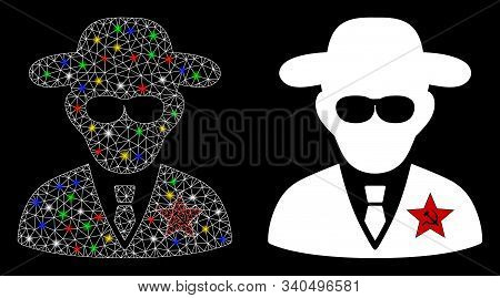Glossy Mesh Kgb Spy Icon With Glare Effect. Abstract Illuminated Model Of Kgb Spy. Shiny Wire Frame 