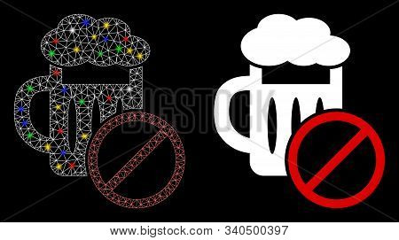 Glowing Mesh No Beer Drinking Icon With Glare Effect. Abstract Illuminated Model Of No Beer Drinking