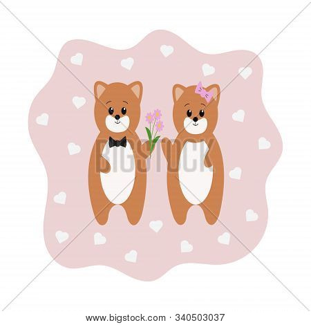 Greeting Card With A Cute Bear And Hearts. Vector Illustration.