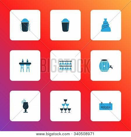 Alcohol Icons Colored Set With Bar Counter, Glasses, Chacha And Other Signboard Elements. Isolated I