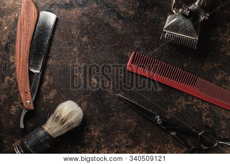 Vintage Barber Tools Dangerous Razor Hairdressing Scissors Old Manual Clipper Comb Shaving Brush. Ol