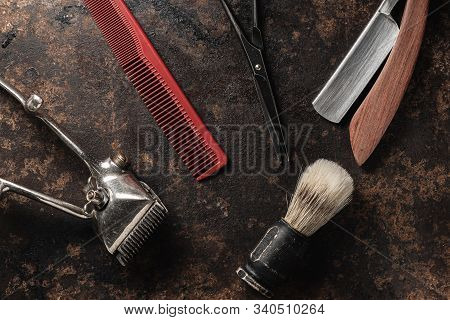 Vintage Barber Tools Dangerous Razor Hairdressing Scissors Old Manual Clipper Comb Shaving Brush.