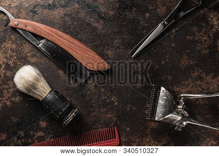 Vintage Barber Tools Dangerous Razor Hairdressing Scissors Old Manual Clipper Comb Shaving Brush.