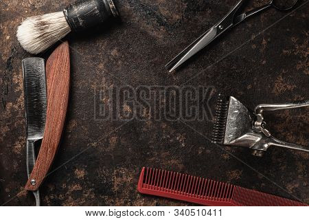 Vintage Barber Tools Dangerous Razor Hairdressing Scissors Old Manual Clipper Comb Shaving Brush.