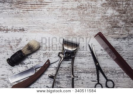 Vintage Barber Tools Dangerous Razor Hairdressing Scissors Old Manual Clipper Comb Shaving Brush. Ol