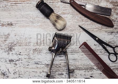 Vintage Barber Tools Dangerous Razor Hairdressing Scissors Old Manual Clipper Comb Shaving Brush. Ol
