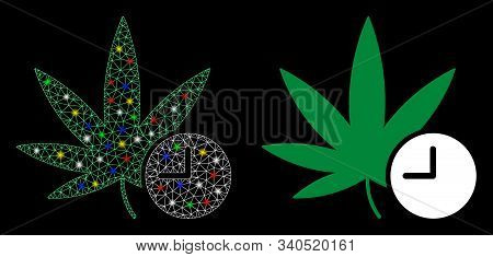Glossy Mesh Weed Time Icon With Lightspot Effect. Abstract Illuminated Model Of Weed Time. Shiny Wir