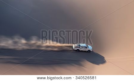 Zahedan, Baluchestan / Iran - Sep 12 2018 : Panning Shot From Toyota Hilux Pickup Truck In Lut Deser