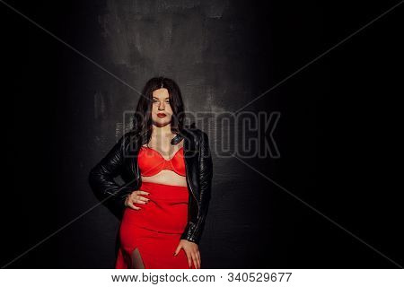 Fat Woman In Red Underwear In Black Room