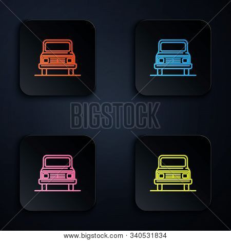 Color Neon Line Car Icon Isolated On Black Background. Front View. Set Icons In Colorful Square Butt