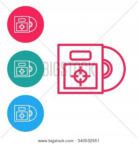 Red Line Cd Or Dvd Disk In Box Icon Isolated On White Background. Compact Disc Sign. Set Icons In Ci