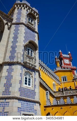 Sintra, Portugal - May, 2018: Tourists Visiting The Pena Palace A Romanticist Castle Located In Sao 