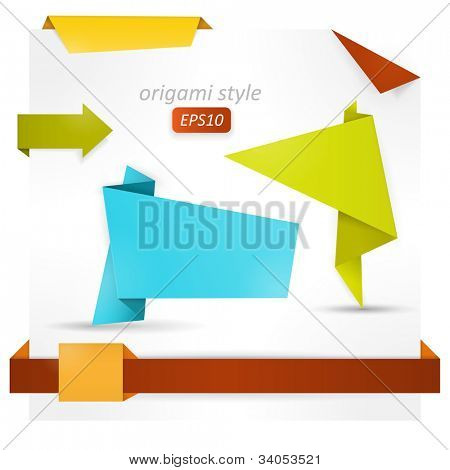 Various shapes of origami style banners, ribbons. Transparent shadows, easy color change. Versatile with space for your text.