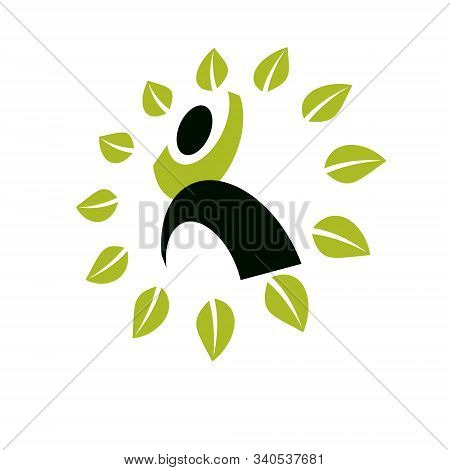 Vector Illustration Of Excited Abstract  Man With Raised Reaching Up. Go Green Idea Creative Logo. H
