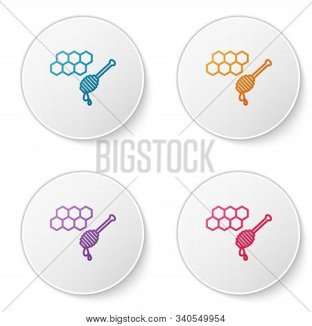 Color Line Honeycomb With Honey Dipper Stickicon Isolated On White Background. Honey Ladle. Honey Ce