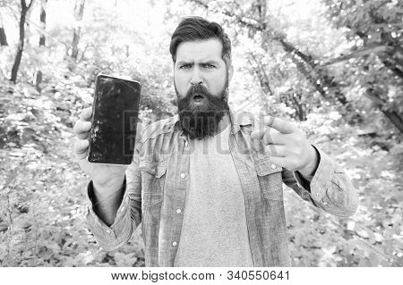 No Connection. Angry Bearded Manon Phone. Mature Hipster With Beard Pointing Finger. Got Lost In For