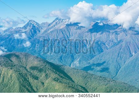 Caucasus Mountains At Sunset Time. Sochi. Russia.