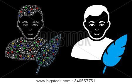 Glossy Mesh Feather Writer Icon With Glare Effect. Abstract Illuminated Model Of Feather Writer. Shi