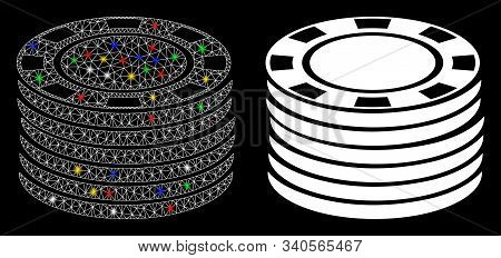 Flare Mesh Casino Chip Stack Icon With Glow Effect. Abstract Illuminated Model Of Casino Chip Stack.