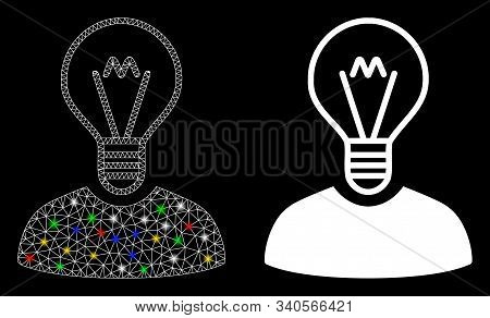 Glowing Mesh Bulb Inventor Icon With Glare Effect. Abstract Illuminated Model Of Bulb Inventor. Shin
