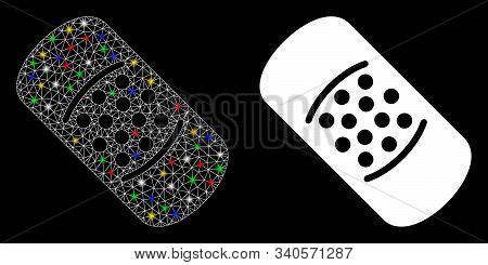 Glossy Mesh Patch Icon With Glow Effect. Abstract Illuminated Model Of Patch. Shiny Wire Carcass Pol