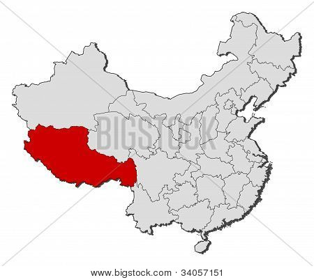 Carte de la Chine, le Tibet a mis en évidence