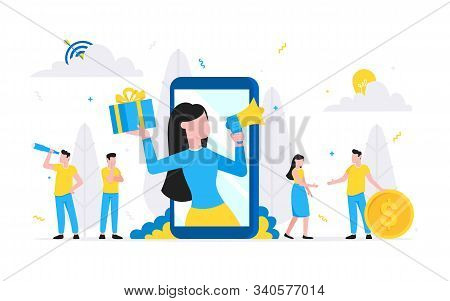 Refer A Friend Flat Style Design Vector Illustration Isolated On White Background. Woman With Megaph
