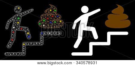 Glowing Mesh Person Climb Shit Stairs Icon With Glare Effect. Abstract Illuminated Model Of Person C
