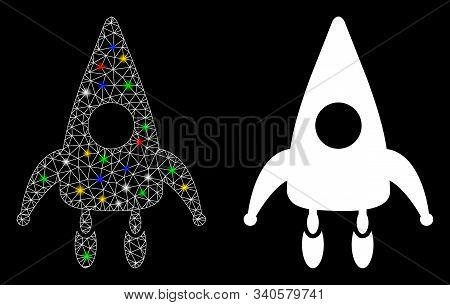 Bright Mesh Rocket Module Icon With Glare Effect. Abstract Illuminated Model Of Rocket Module. Shiny