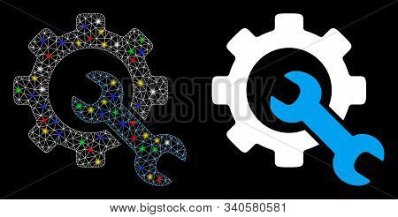 Glowing Mesh Service Tools Icon With Glare Effect. Abstract Illuminated Model Of Service Tools. Shin