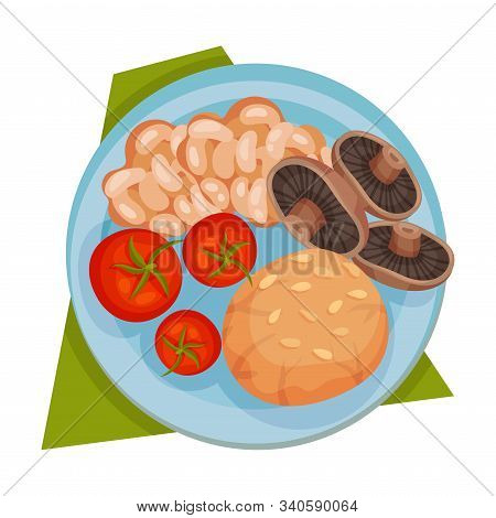 Frigoles Served With Tomatoes And Mushrooms On Plate Vector Top View Illustration