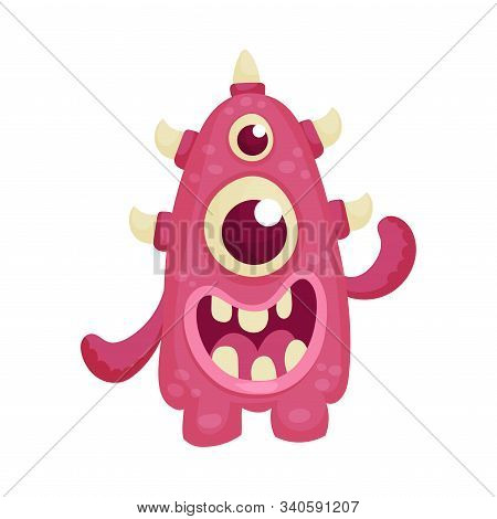 Funny Multiocular Monster Standing With Open Mouth Feeling Happiness And Joy Vector Illustration