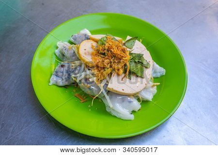 Plate Of Fresh Cooked Vietnamese Steamed Rice Rolls- Banh Cuon