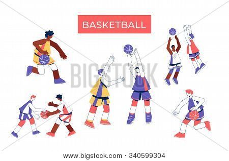 Men Playing Basketball Collection. Girls Train To Dribble, Throw And Block Shot.