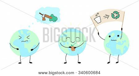 Save The Planet Concept Art Set, Waste, Deforestation Problem, Recycle Symbol, Cartoon Drawing Earth