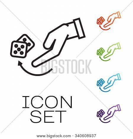 Black Line Human Hand Throwing Game Dice Icon Isolated On White Background. Set Icons Colorful. Vect