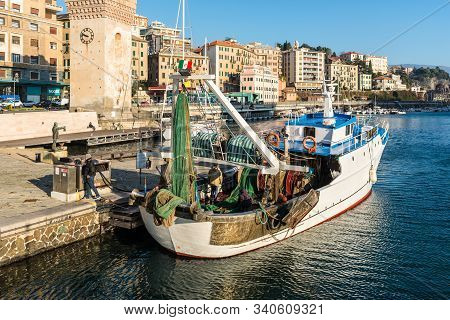 Savona, Italy - December 1, 2018: Fishing Ship Moored In The Port Of Savona, Liguria, Mediterranean 