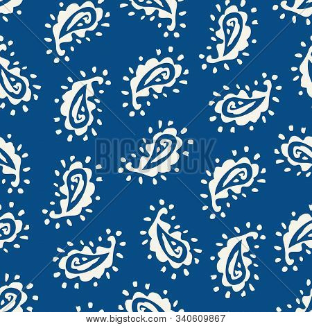 Traditional Textured Hand Painted Classic Blue Paisley Vector Seamless Pattern. Color Of The Year Cl
