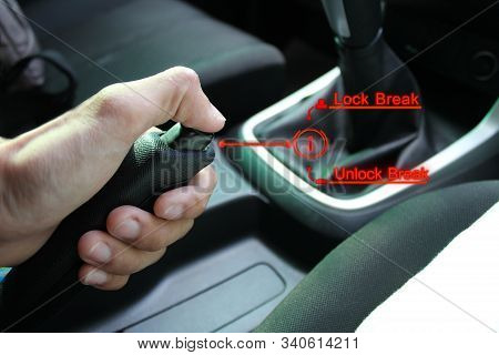 The Man's Hand Is Pressing The Button To Release The Handbrake, With The Holographic Technology Help