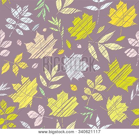 The Leaves Of The Trees, Seamless Background, Grey, Color, Shading, Vector. Yellow, Green And Grey L