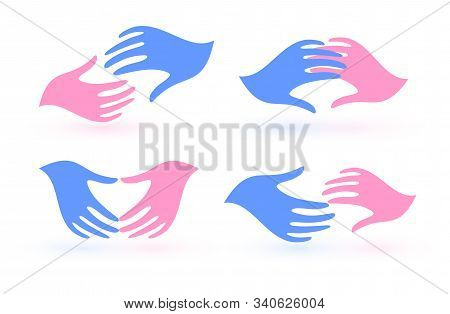 Two Palms, Set Of Hands Vector Icons. Care, Love And Support Symbols. Charities, Union Associations,