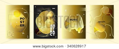 Gold Liquid Shapes. Fashion Memphis Banner. Graphic Yellow Fluid Design. Vector Contemporary Cover. 