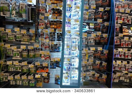 Energizer, Duracell, Eveready Aaa, Aa Batteries Displayed For Sale. Batteries Of Different Sizes In 