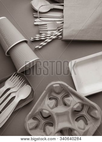 Eco Friendly Wooden And Paper Cutlery, Biodegradable, Disposable Kitchenware Of Natural Materials. E