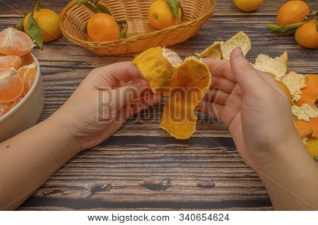 The Girls Hands Are Cleaning Tangerine, Tangerines On A Twig With Green Leaves, Peeled Tangerines In