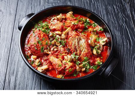 Close-up Of Chicken Cacciatore With Tender Chicken Breasts, Tomatoes, Bell Peppers, Carrots And Slic