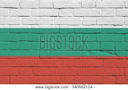 Bulgaria Flag Depicted In Paint Colors On Old Brick Wall. Textured Banner On Big Brick Wall Masonry 