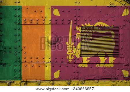 Sri Lanka Flag Depicted On Side Part Of Military Armored Tank Closeup. Army Forces Conceptual Backgr
