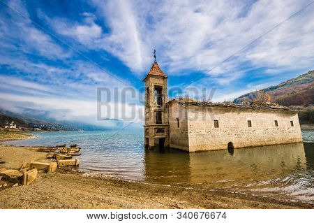Flooded Old Saint Nicholas Church - Mavrovo, Mavrovo And Rostusa Municipality, North Macedonia, Euro