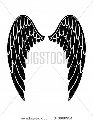 Hand Drawn Bird Or Angel Grunge Textured Flapping Wings. Hand Drawn Wings Silhouette For T-shirt Pri